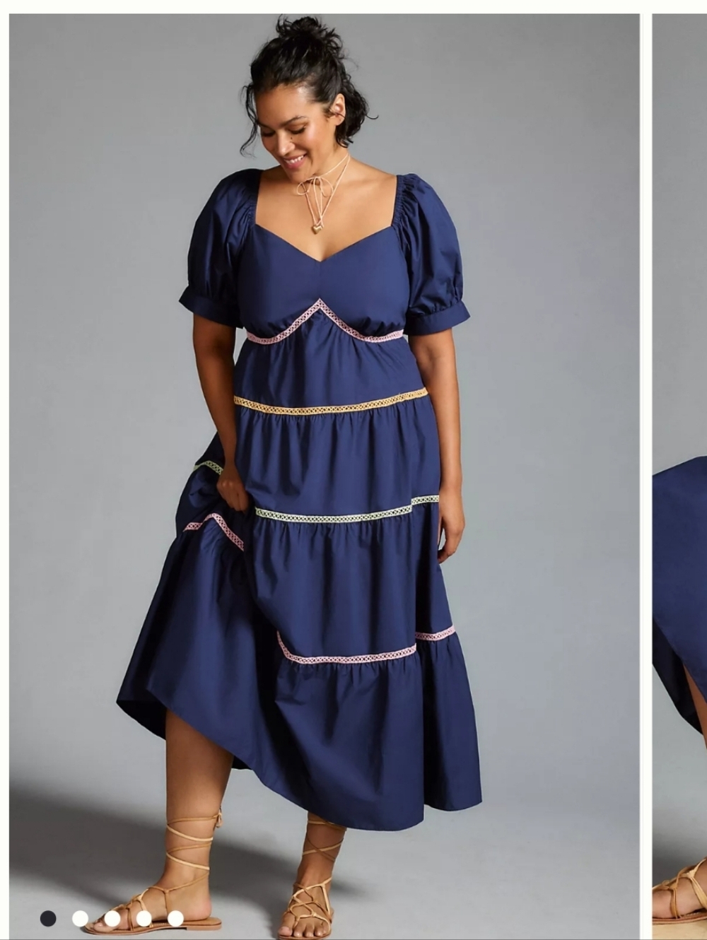 English Factory Navy Tiered Midi Dress with Contrasting Trim